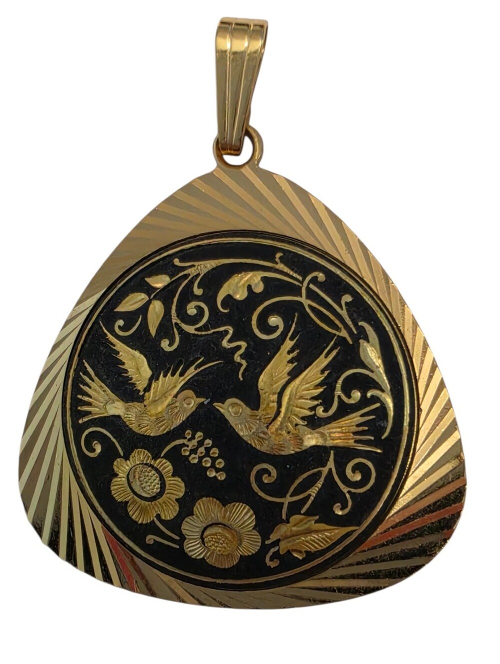 Vintage Spanish Toledo Damascene "Love Birds" Gold-Plated Triangular Pendant